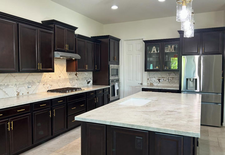 Remodeled kitchen with new cabinets and countertops