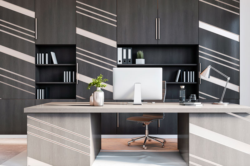 modern office space with cabinets.