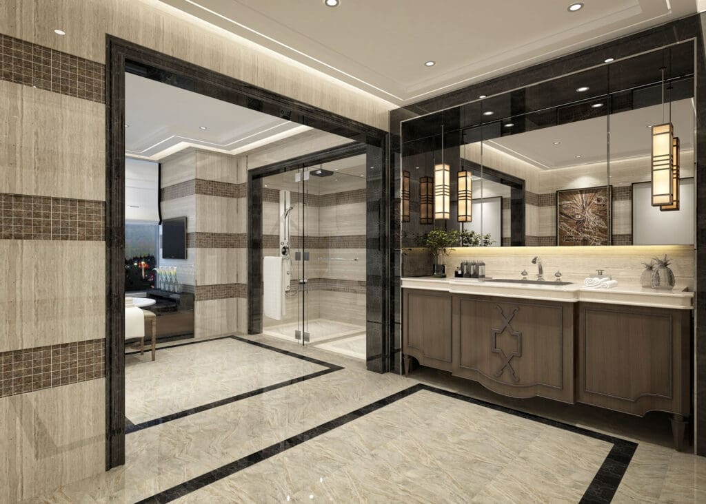 Bathroom with quality tile on the floor and walls